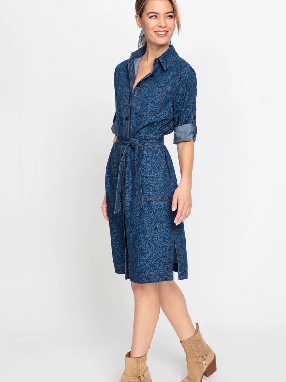 Olsen Classic Blue Denim Paisley Shirt Dress with Belt Size XS 100% Cotton
